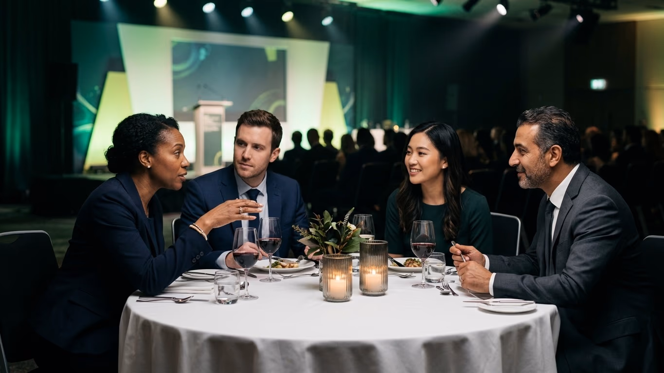 Quatre professionnels échangent autour d'une table ronde dressée, scène de remise de prix éclairée en vert au fond