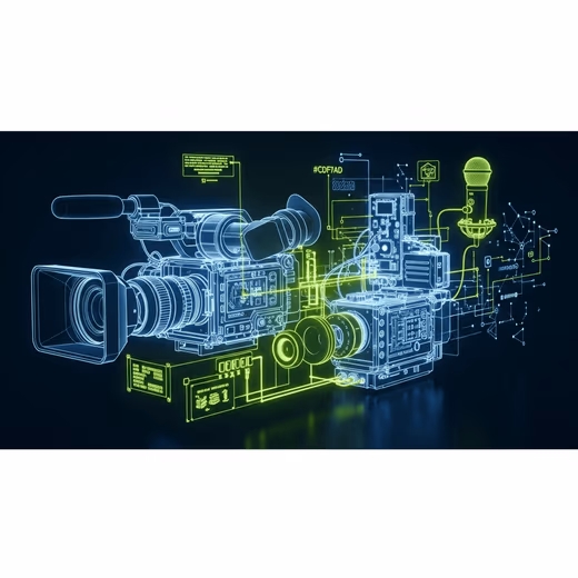 Illustration néon en fil de fer de deux caméras de cinéma et d'un micro reliés par des circuits verts sur fond bleu nuit