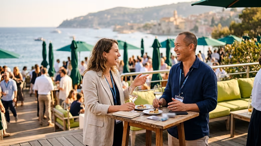 Deux professionnels discutent en riant à une table haute, sur une terrasse de festival face à la mer, parasols verts