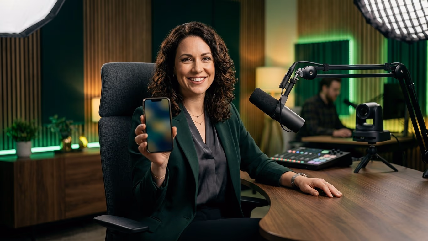 Podcasteuse souriante tenant un smartphone à l'écran flou, dans un studio éclairé en vert avec micro et caméra PTZ