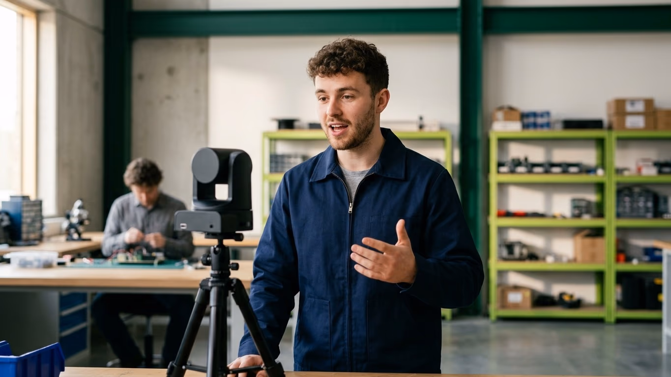 Un ingénieur en veste de travail parle face à une petite caméra motorisée dans un atelier aux étagères vert citron