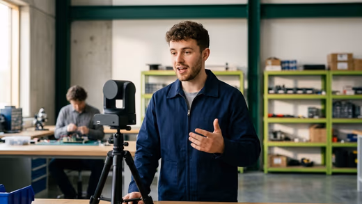 Un ingénieur en veste de travail parle face à une petite caméra motorisée dans un atelier aux étagères vert citron