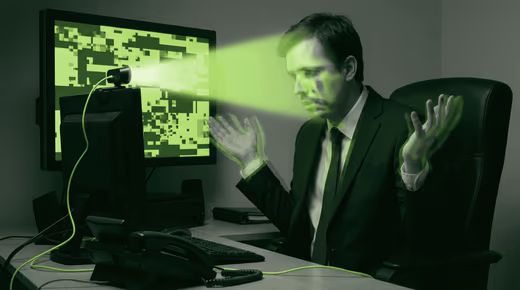 Homme en costume, mains levées, face à une webcam et à un écran pixelisé vert dans un bureau