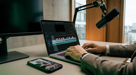 Mains sur un portable affichant une timeline de montage, smartphone montrant une vidéo verticale et micro sur bras