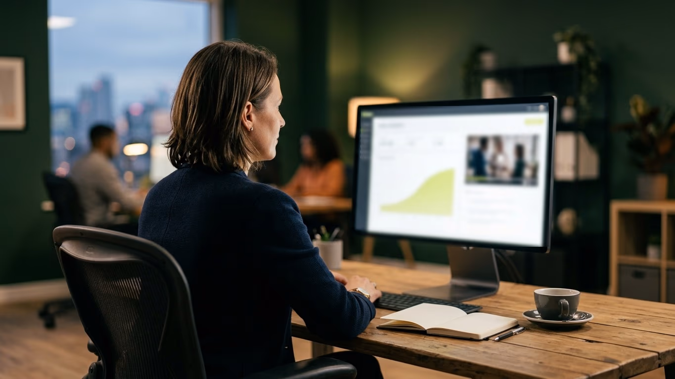 Une femme de dos devant un écran de statistiques vidéo flou, courbe vert citron et vidéo en pause, bureau vert le soir