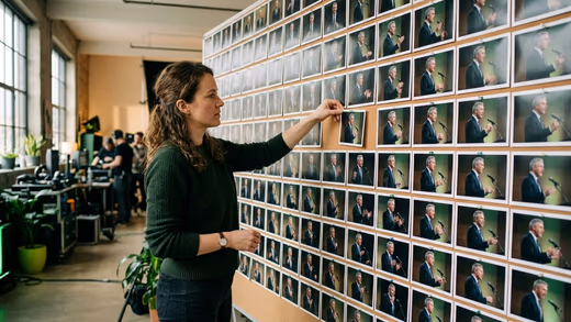Réalisatrice en pull vert déplaçant une photo sur un mur couvert de rangées de clichés d'un même intervenant au micro