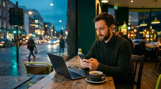 Homme en pull vert qui consulte son smartphone à une table de café, ordinateur ouvert, rue éclairée au crépuscule